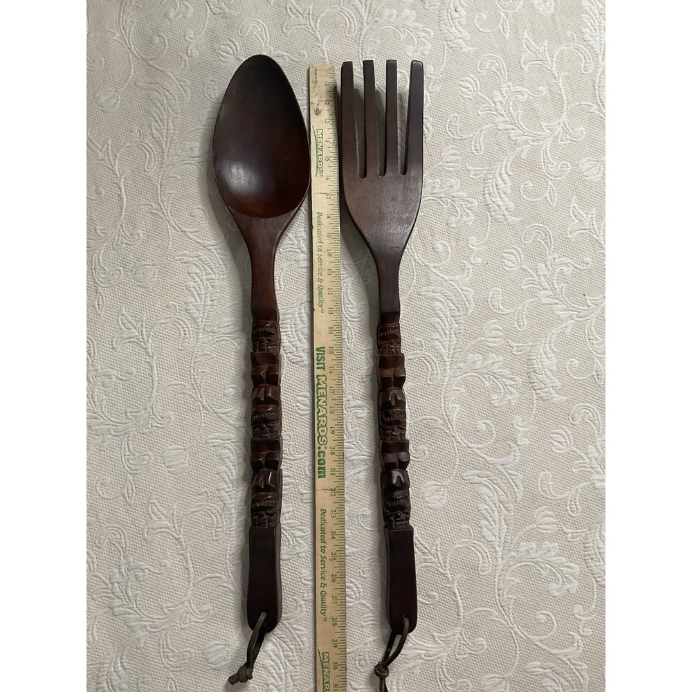 Vintage MCM Fork Spoon Kitchen Wall Decor Tiki Totem Pole Hand Carved Wood 29" - Picture 9 of 16